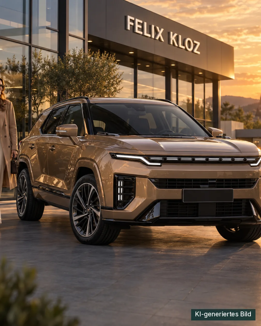 KGM Actyon Hybrid | Autohaus Felix Kloz KI-generiertes Bild: KGM Actyon Hybrid in Bronze vor dem Autohaus Felix Kloz im Abendlicht