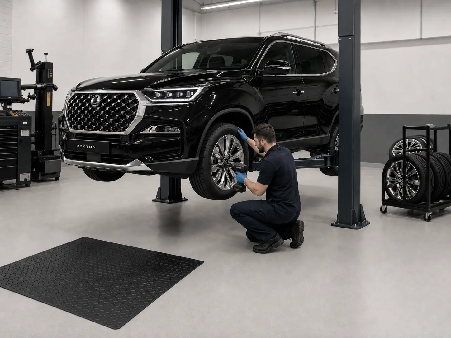 Mechaniker am Vorderrad eines schwarzen KGM Rexton auf der Hebebühne