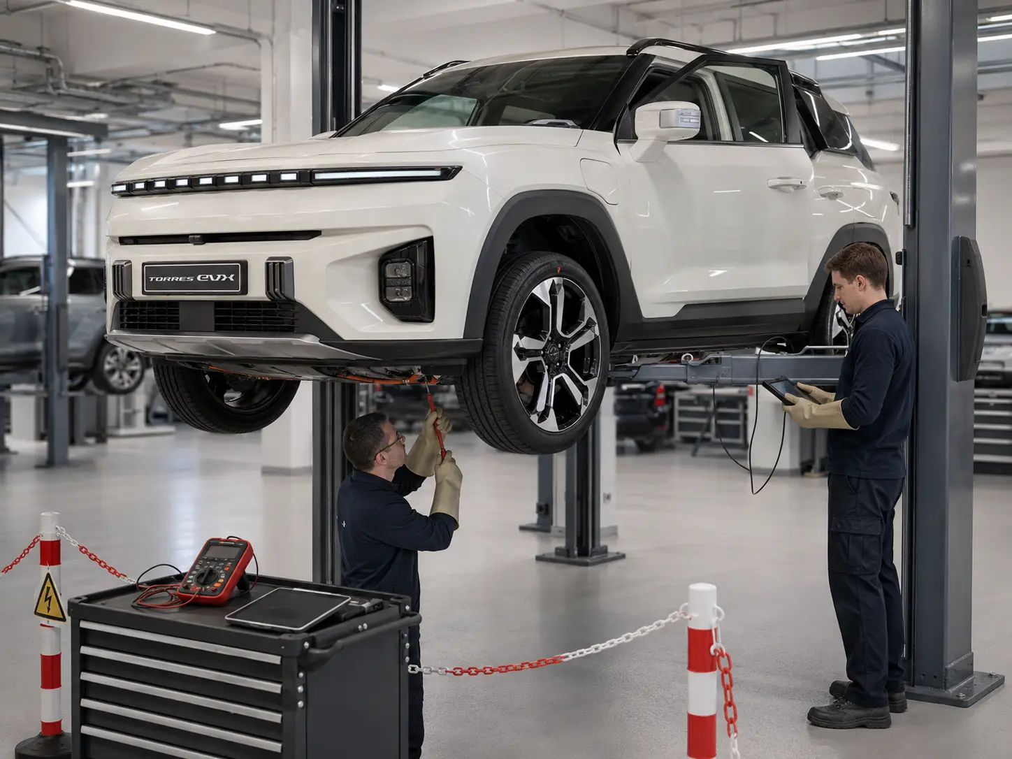 Zwei Mechaniker arbeiten im abgesperrten Bereich am Hochvoltsystem eines KGM Torres EVX